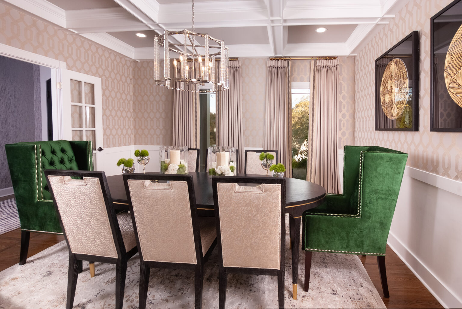Elegant dining room with green chairs
